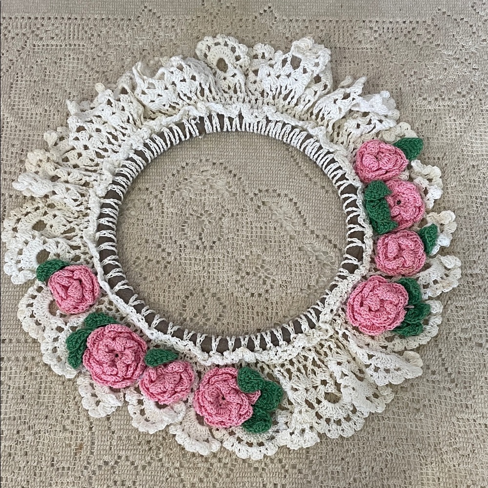 Crocheted Floral Wreath with Pink Roses